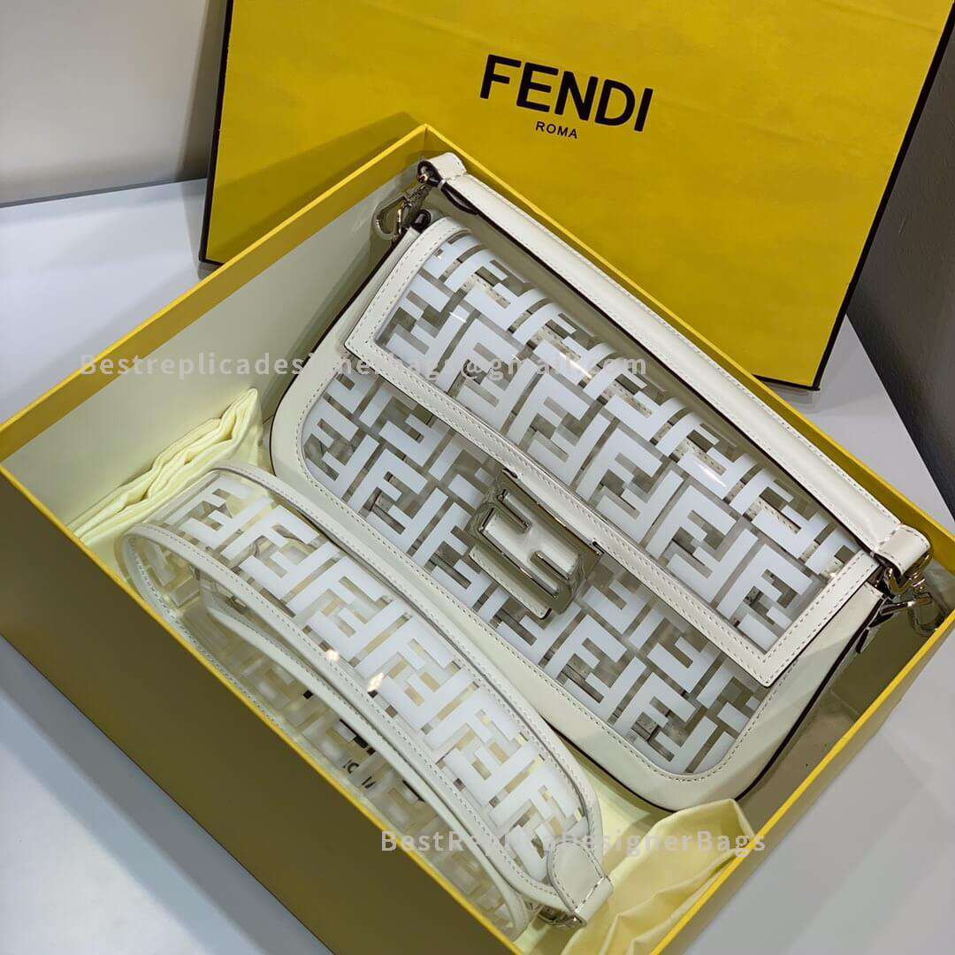 Fendi Baguette Medium White Leather Bag SHW  0502M